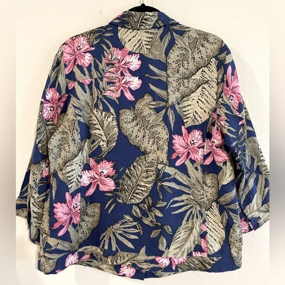 Chico's Women’s Jacket Large Blue 100% Linen Colorful Tropical Floral Coastal - Picture 2 of 13